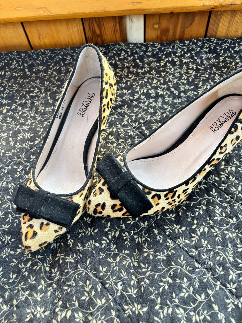 Greenwich Village Leopard Calf Hair Wedge Pumps with Bows - Size 5B 5M